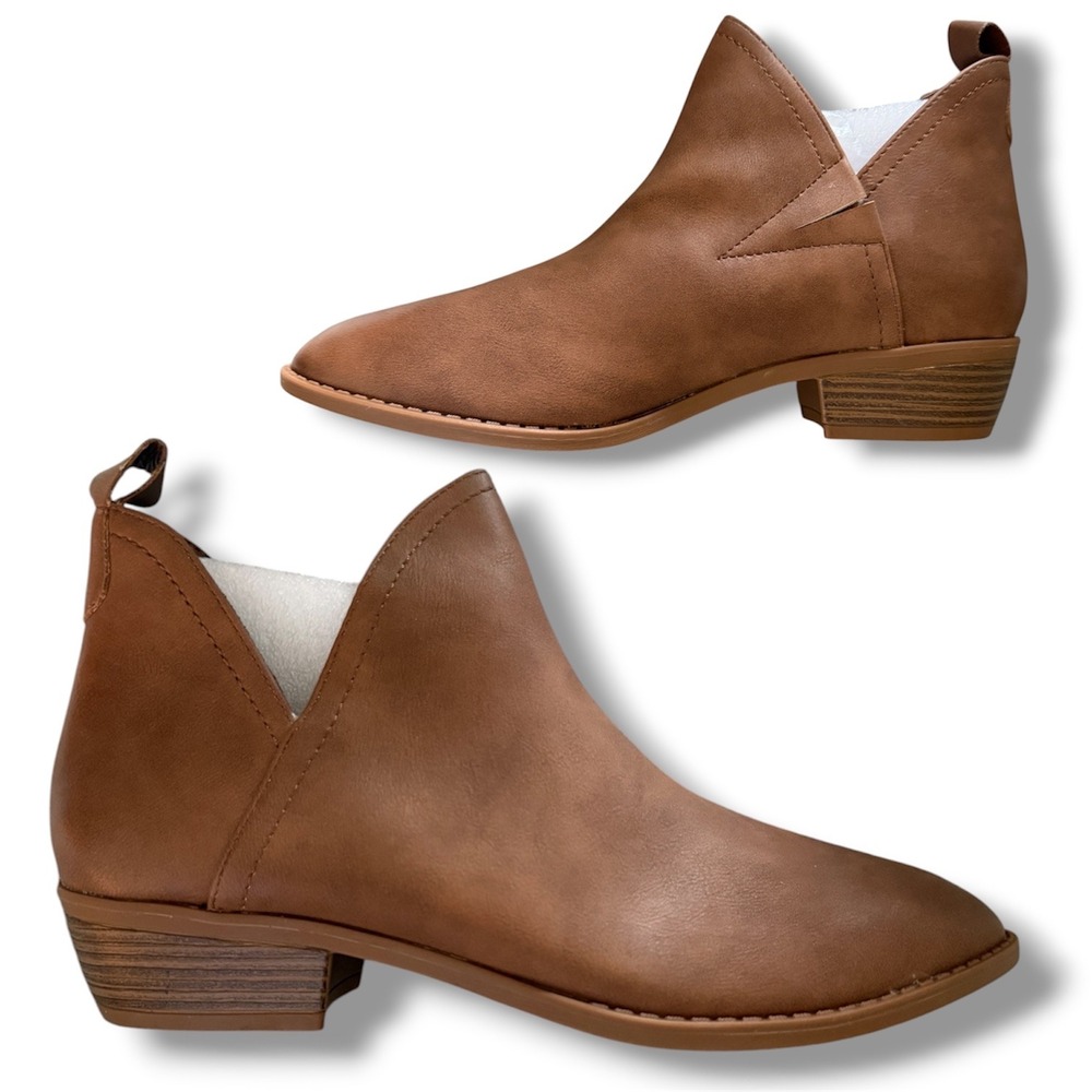 Boutique Womens Pointed Toe Cutout Ankle Boots Brown Western Low Heel 8.5 NEW